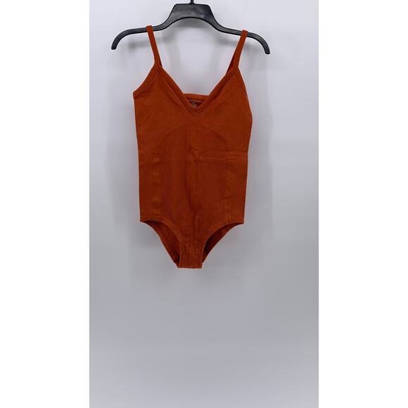 ANTHROPOLOGIE Women's Dark Orange Rib Stretch V-Neck One-Piece Bodysuit SZ XS/S - Picture 2 of 10